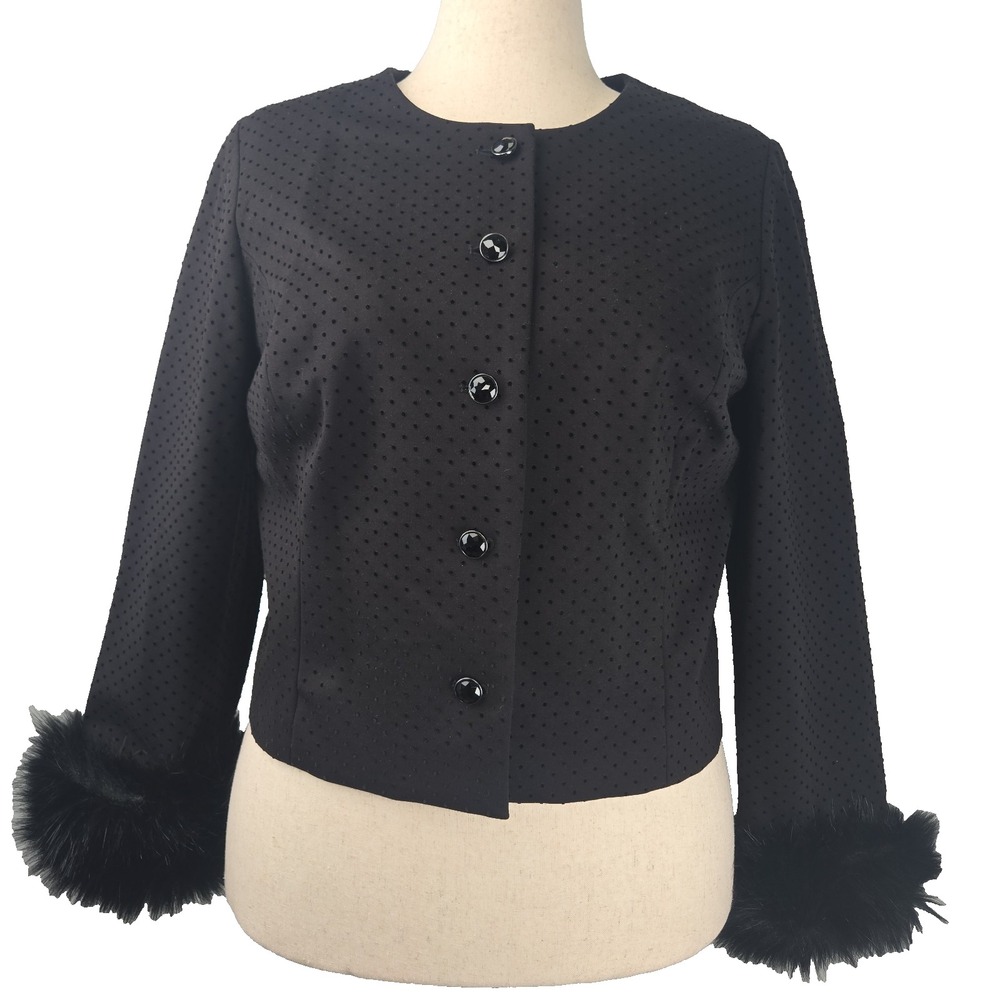 Chico's Size 2 Black Swiss Dot Cropped Jacket With Removable Faux Fur Cuff